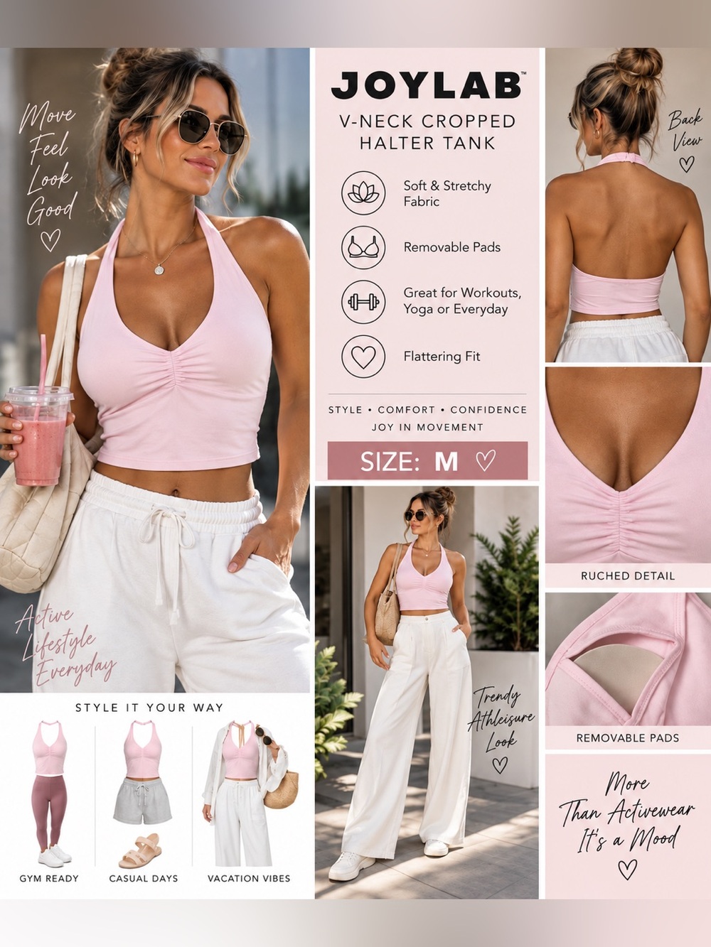 JoyLab Light Pink V-Neck Cropped Halter Tank Top